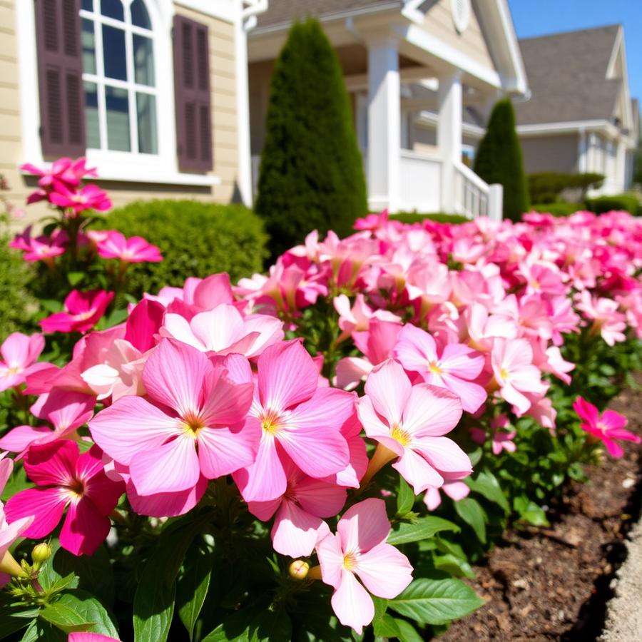 Pink and white blooming flower bed beside a home