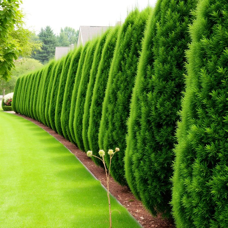 Tall trimmed evergreen hedges along a property line