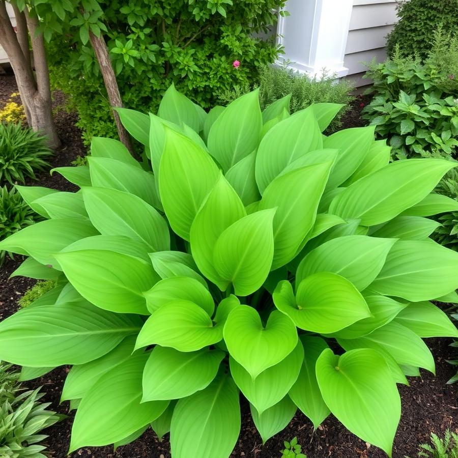 Lush hosta plants in a shaded garden bed