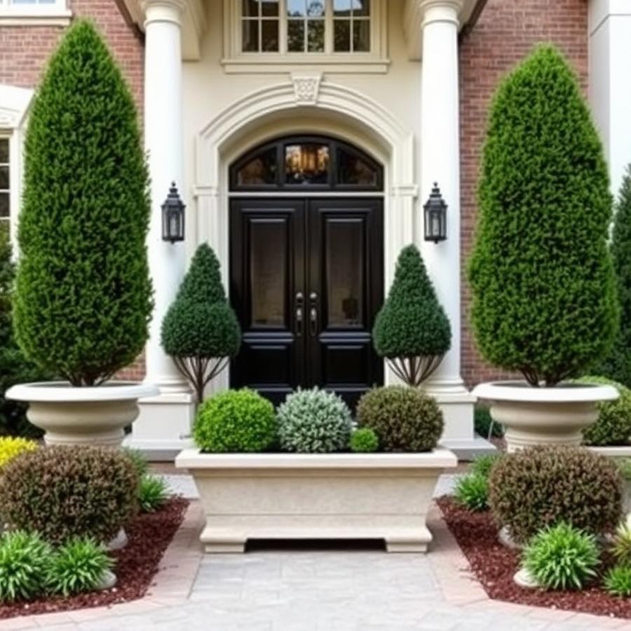Topiary and ornamental shrubs at a home entrance